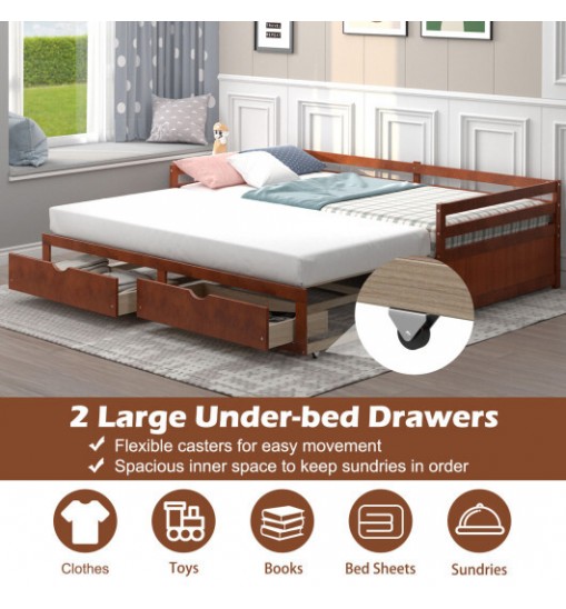 Extendable Twin to King Daybed with Trundle and 2 Storage Drawers