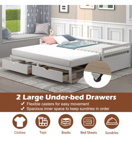 Extendable Twin to King Daybed with Trundle and 2 Storage Drawers