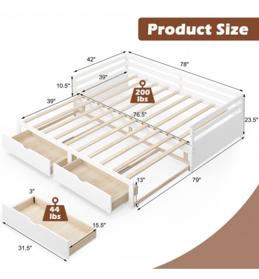 Extendable Twin to King Daybed with Trundle and 2 Storage Drawers