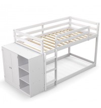 Twin Size Bunk Bed with Convertible Bookcase and Ladder-White