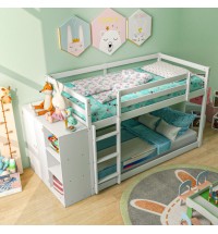 Twin Size Bunk Bed with Convertible Bookcase and Ladder-White