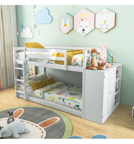 Twin Size Bunk Bed with Convertible Bookcase and Ladder-White