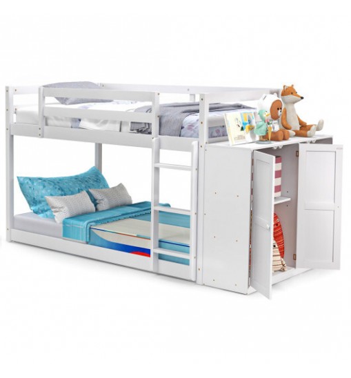 Twin Size Bunk Bed with Convertible Bookcase and Ladder-White