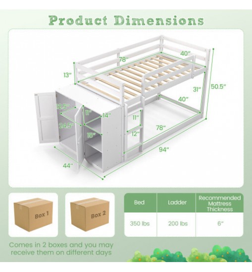 Twin Size Bunk Bed with Convertible Bookcase and Ladder-White