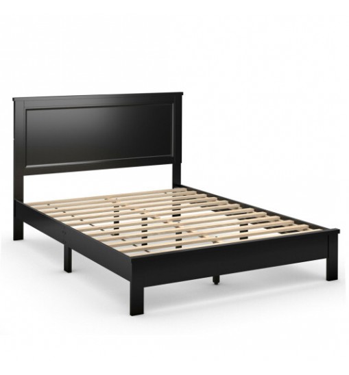 Queen Size Bed Frame Platform Slat High Headboard Bedroom with Rubber Wood Leg-Black