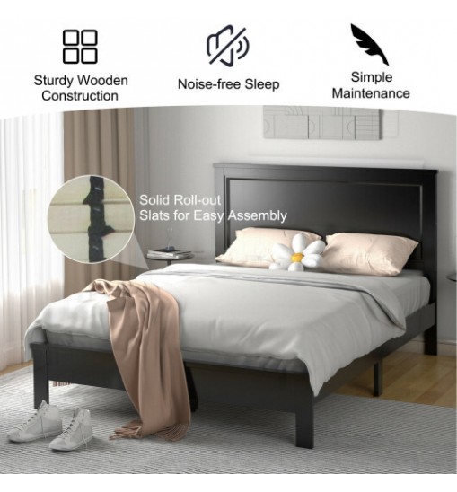 Queen Size Bed Frame Platform Slat High Headboard Bedroom with Rubber Wood Leg-Black