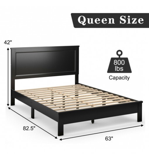 Queen Size Bed Frame Platform Slat High Headboard Bedroom with Rubber Wood Leg-Black