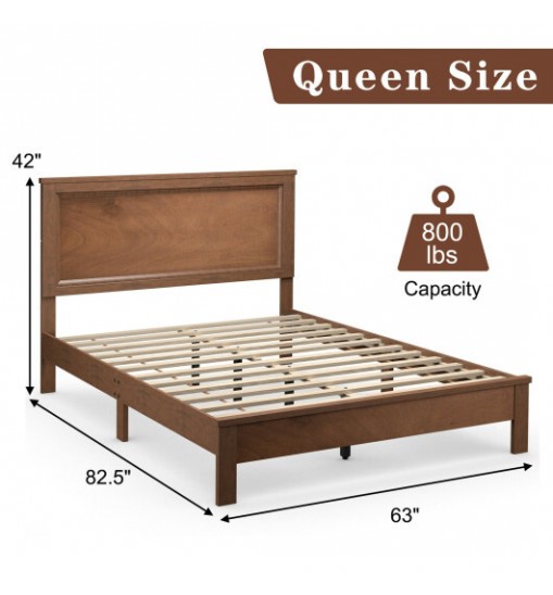 Queen Size Bed Frame Platform Slat High Headboard Bedroom with Rubber Wood Leg-Black