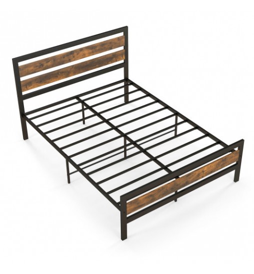 Full/Queen Industrial Bed Frame with Rustic Headboard and Footboard-Full Size