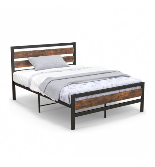 Full/Queen Industrial Bed Frame with Rustic Headboard and Footboard-Full Size