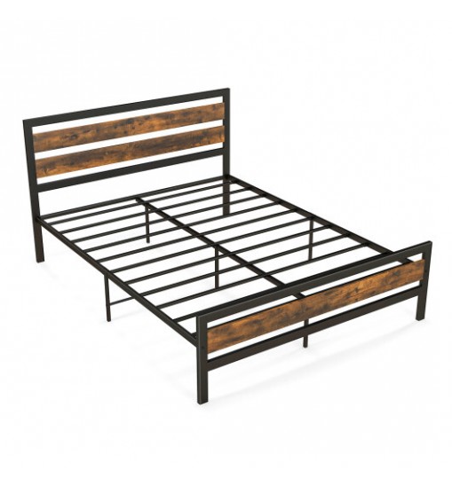 Full/Queen Industrial Bed Frame with Rustic Headboard and Footboard-Full Size