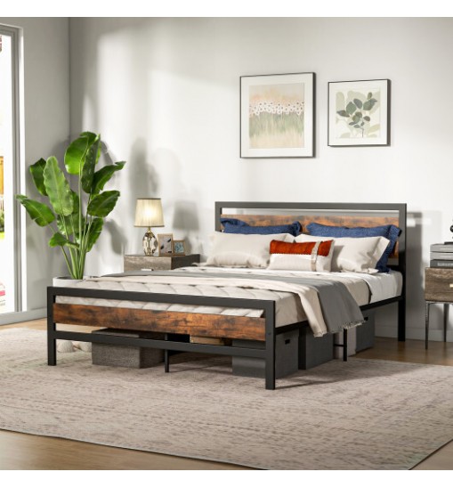 Full/Queen Industrial Bed Frame with Rustic Headboard and Footboard-Full Size