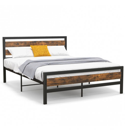 Full/Queen Industrial Bed Frame with Rustic Headboard and Footboard-Full Size