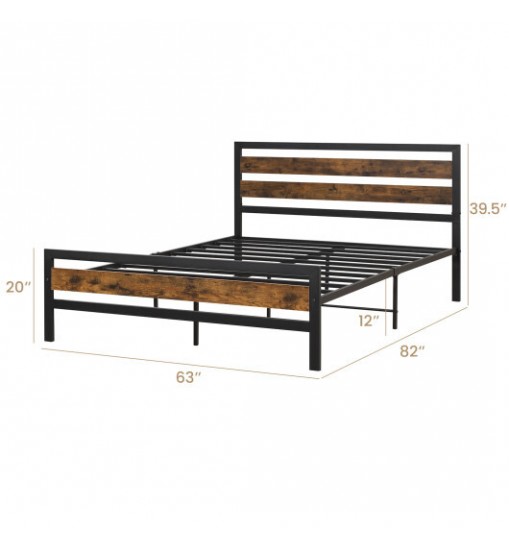 Full/Queen Industrial Bed Frame with Rustic Headboard and Footboard-Full Size