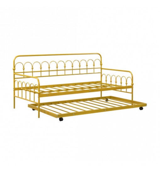 Twin Size Golden Metal Daybed with Trundle and Lockable Wheels-Twin Size