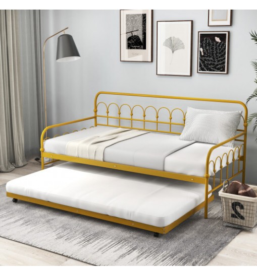 Twin Size Golden Metal Daybed with Trundle and Lockable Wheels-Twin Size