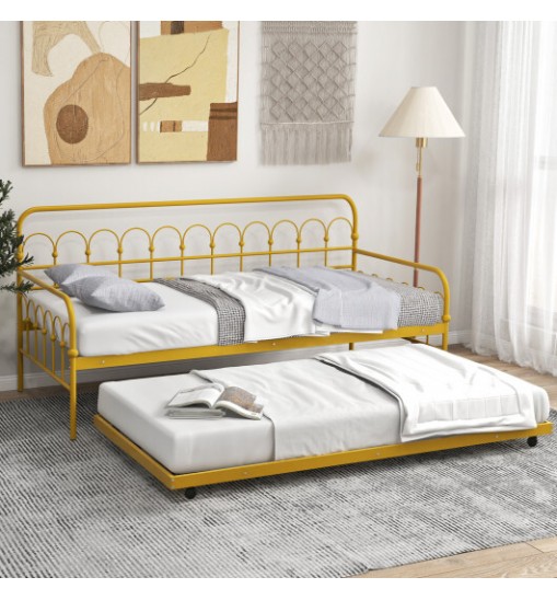 Twin Size Golden Metal Daybed with Trundle and Lockable Wheels-Twin Size