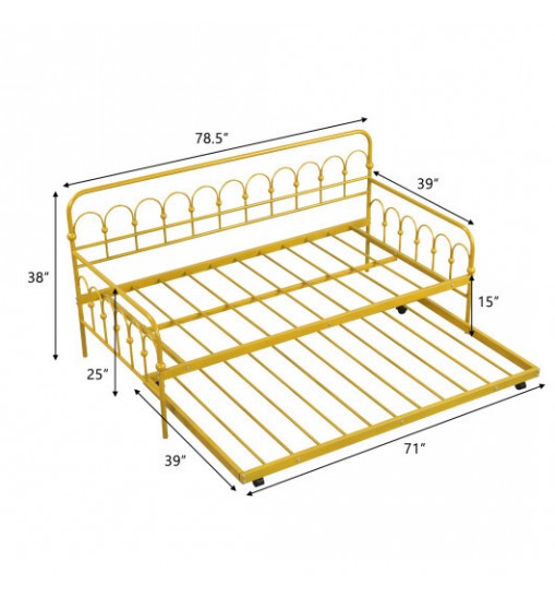 Twin Size Golden Metal Daybed with Trundle and Lockable Wheels-Twin Size