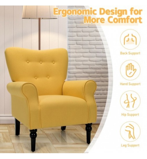 Modern Accent Chair with Tufted Backrest and Rubber Wood Avocado Legs-Yellow