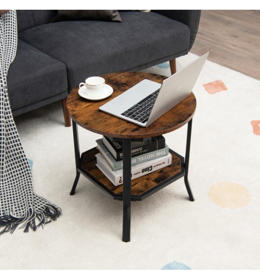 2-Tier Round End Table with Storage Shelf for Living Room-Brown