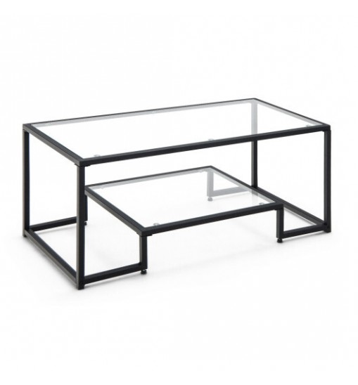 Modern 2-Tier Rectangular Coffee Table with Glass Table Top-Golden