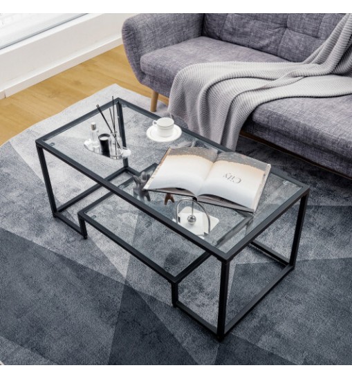 Modern 2-Tier Rectangular Coffee Table with Glass Table Top-Golden