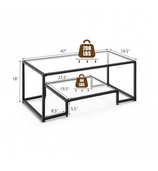 Modern 2-Tier Rectangular Coffee Table with Glass Table Top-Golden