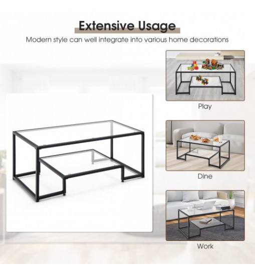 Modern 2-Tier Rectangular Coffee Table with Glass Table Top-Golden