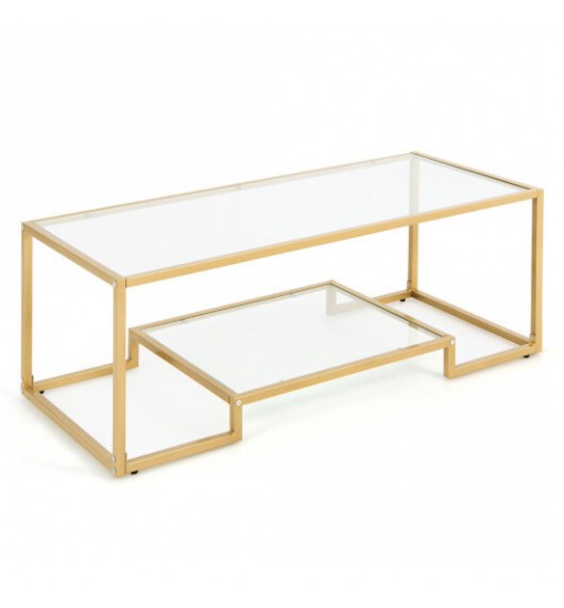 Modern 2-Tier Rectangular Coffee Table with Glass Table Top-Golden