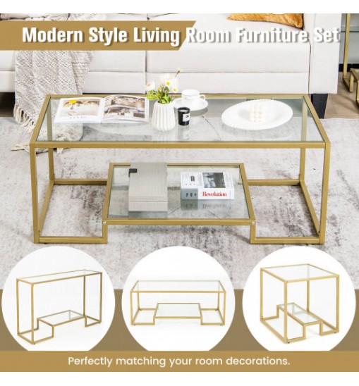 Modern 2-Tier Rectangular Coffee Table with Glass Table Top-Golden