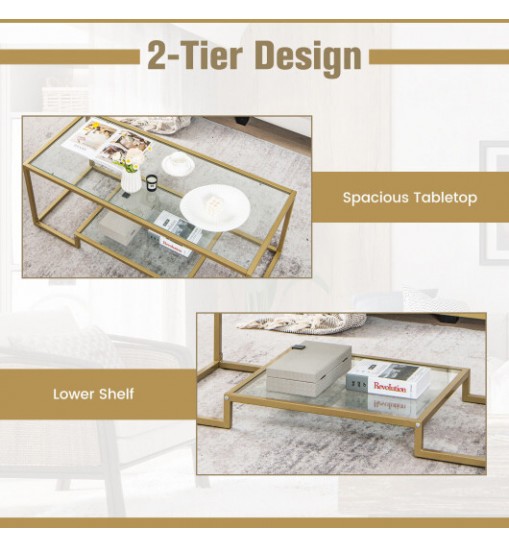 Modern 2-Tier Rectangular Coffee Table with Glass Table Top-Golden