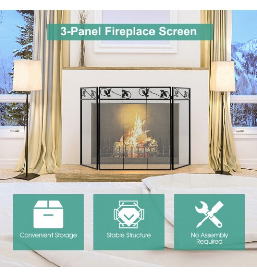 3-Panel Fireplace Screen Decor Cover with Exquisite Pattern