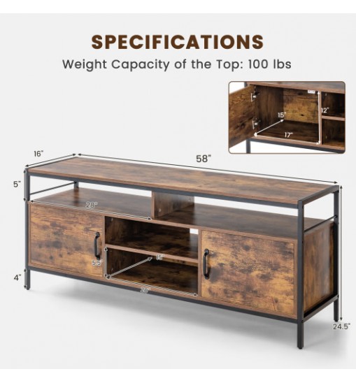 58 Inch Industrial TV Stand with Cabinets and Adjustable Shelf for TVs up to 65 Inch-Rustic Brwon