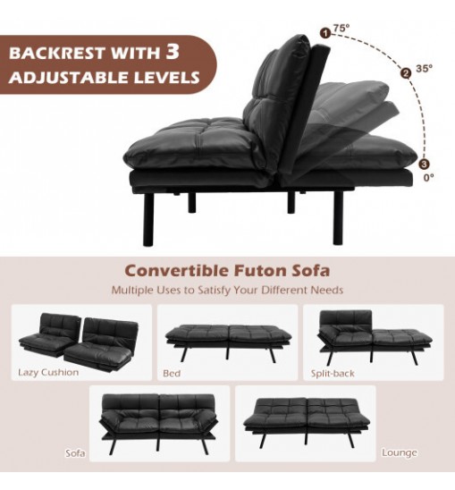 Convertible Memory Foam Futon Sofa Bed with Adjustable Armrest-Gray