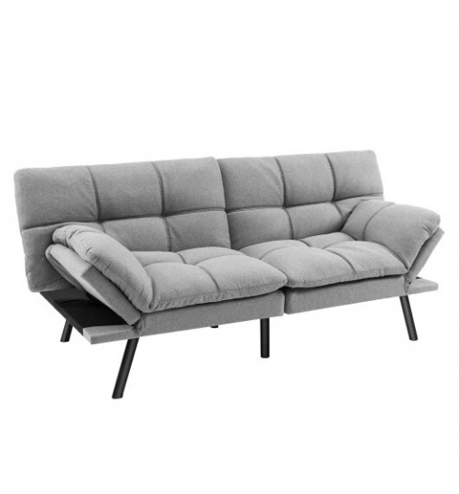 Convertible Memory Foam Futon Sofa Bed with Adjustable Armrest-Gray