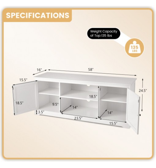 58 Inch TV Stand with 2 Cabinets and Adjustable Shelves for TVs up to 65 Inch-White