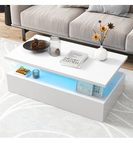 Modern 2-tier High Glossy Table with Adjustable Light Colors for Living Room-White