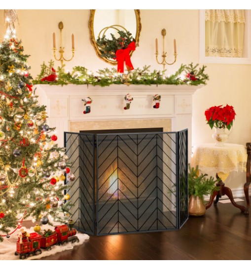 3-Panel Metal Foldable Fireplace Screen with Metal Mesh-Bronze