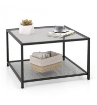 Modern 2-Tier Square Glass Coffee Table with Mesh Shelf-Gray