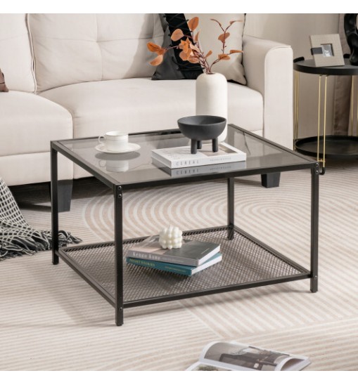 Modern 2-Tier Square Glass Coffee Table with Mesh Shelf-Gray