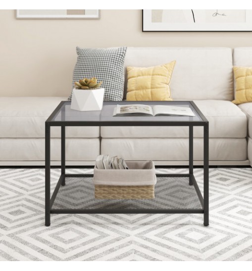 Modern 2-Tier Square Glass Coffee Table with Mesh Shelf-Gray