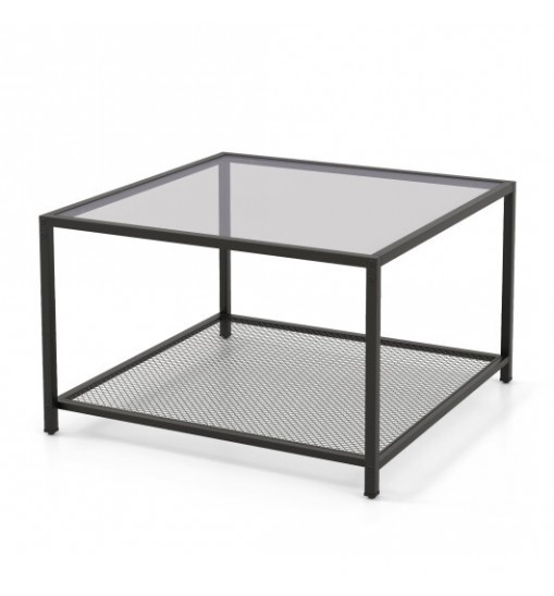 Modern 2-Tier Square Glass Coffee Table with Mesh Shelf-Gray