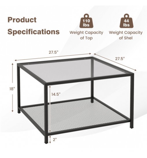 Modern 2-Tier Square Glass Coffee Table with Mesh Shelf-Gray