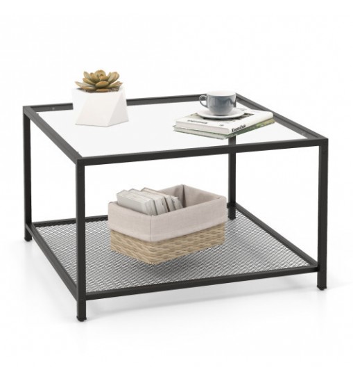 Modern 2-Tier Square Glass Coffee Table with Mesh Shelf-Gray