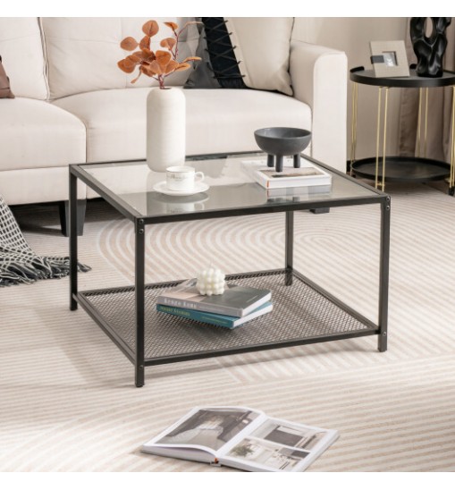 Modern 2-Tier Square Glass Coffee Table with Mesh Shelf-Gray