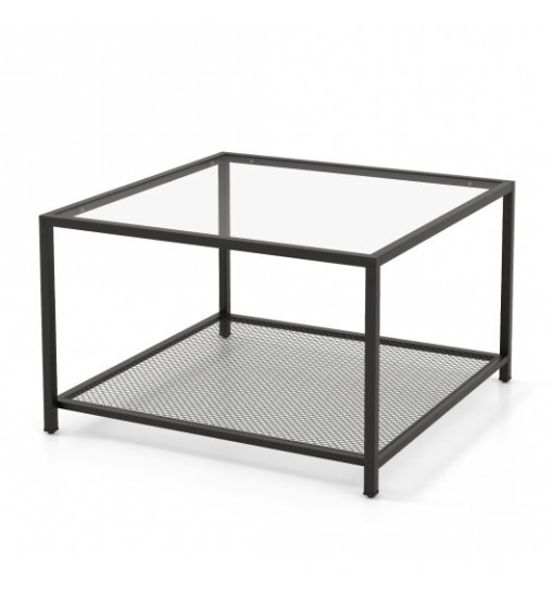 Modern 2-Tier Square Glass Coffee Table with Mesh Shelf-Gray