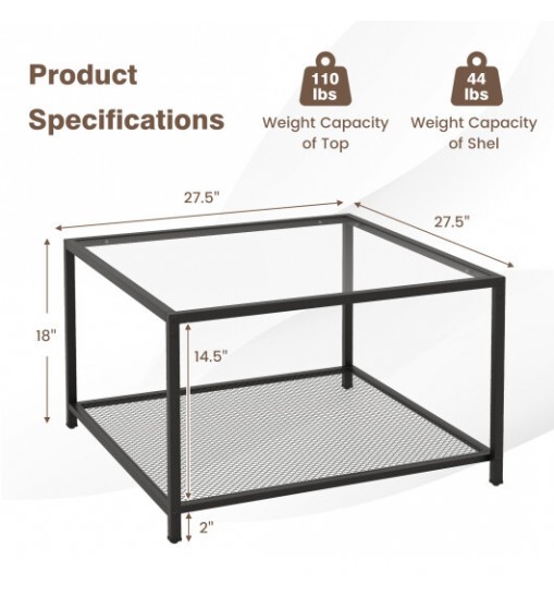 Modern 2-Tier Square Glass Coffee Table with Mesh Shelf-Gray