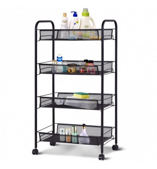 Black/Gray 4 Tier Storage Rack Trolley Cart-Black