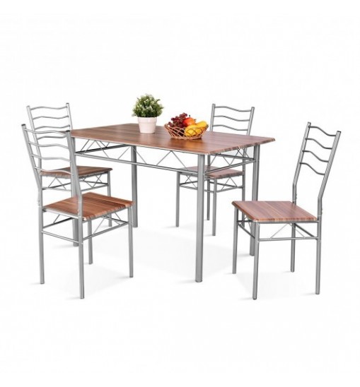 5 Pieces Wood Metal Dining Table Set with 4 Chairs-Natural