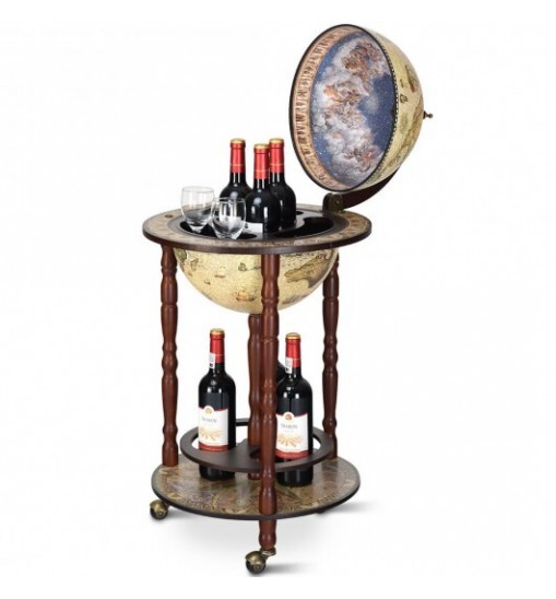 17 Inch Italian Style Design Wooden Globe Liquor Bottle Wine Rack with Wheels